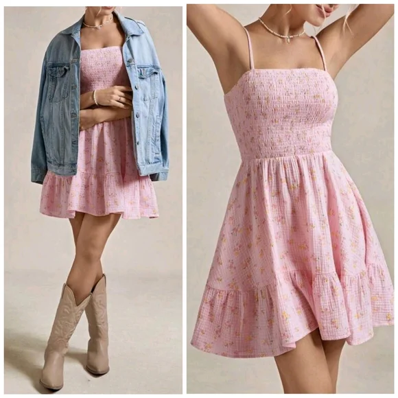 New Boho Floral Print Cotton Smocked Cami Short Dress Pink Yellow - Picture 6 of 9